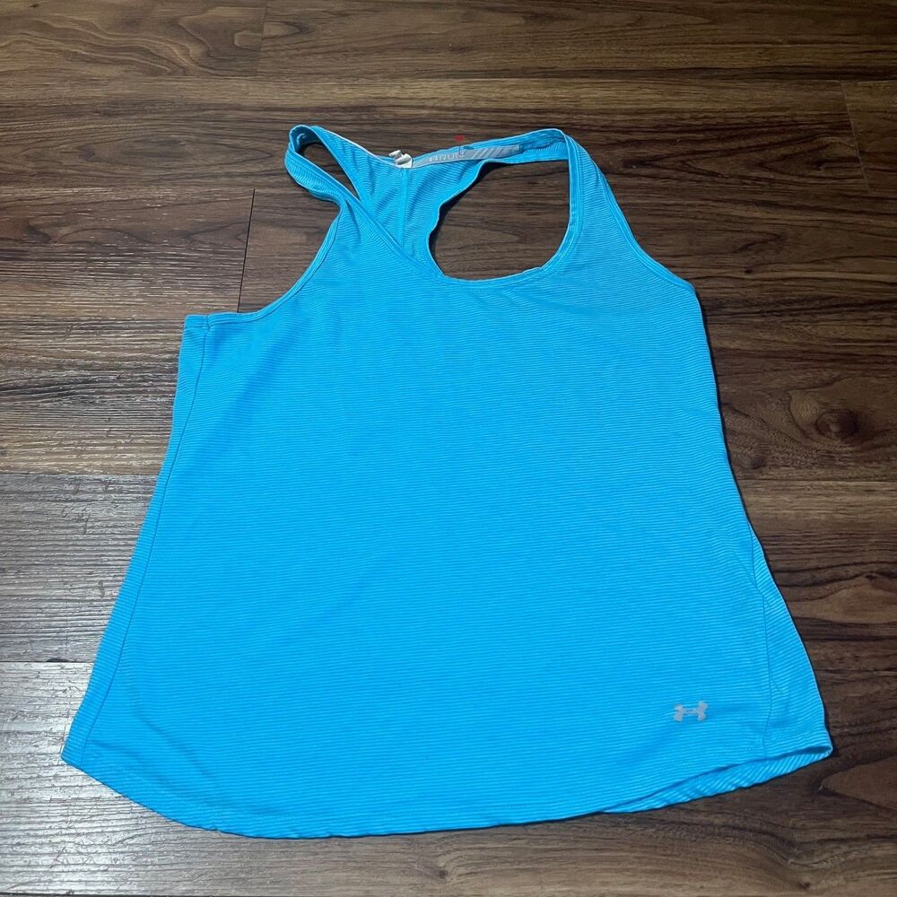 Under Armour Heat Gear Womens Striped Racerback Blue Tank Shirt Size Large Scoop